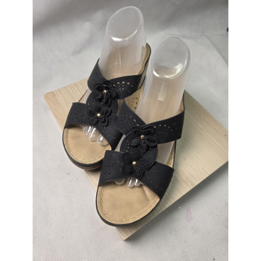 NEW Women Sz 11 Comfortable Wedge Sandals Dressy Soft PU Leather Rubber Sole BLK